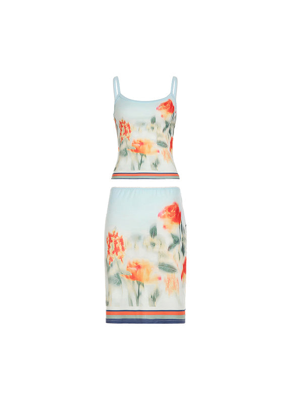 Blue vintage ink flower print two-piece