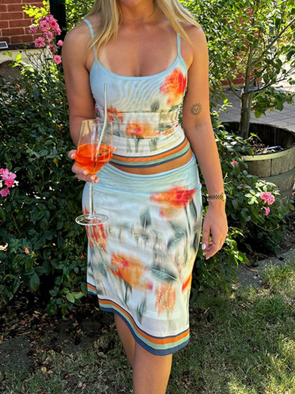 Blue vintage ink flower print two-piece
