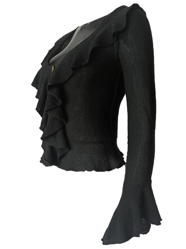 Solid color vintage V-neck ruffle long sleeve knit sweater
