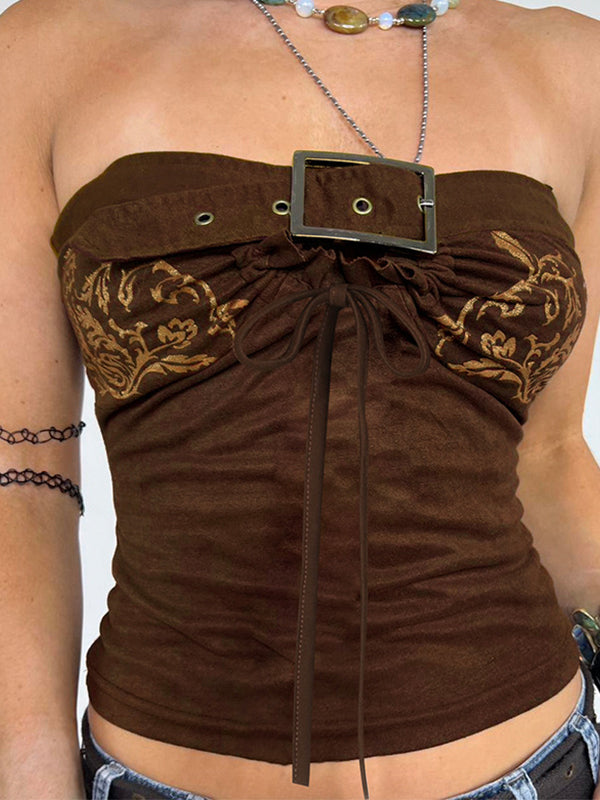 Vintage Printed Belt Cutouts Bandeau Top