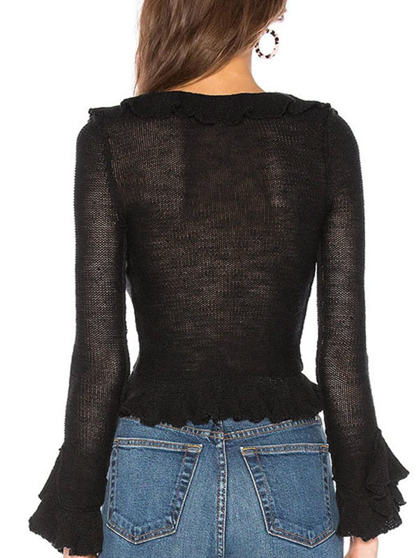 Solid color vintage V-neck ruffle long sleeve knit sweater