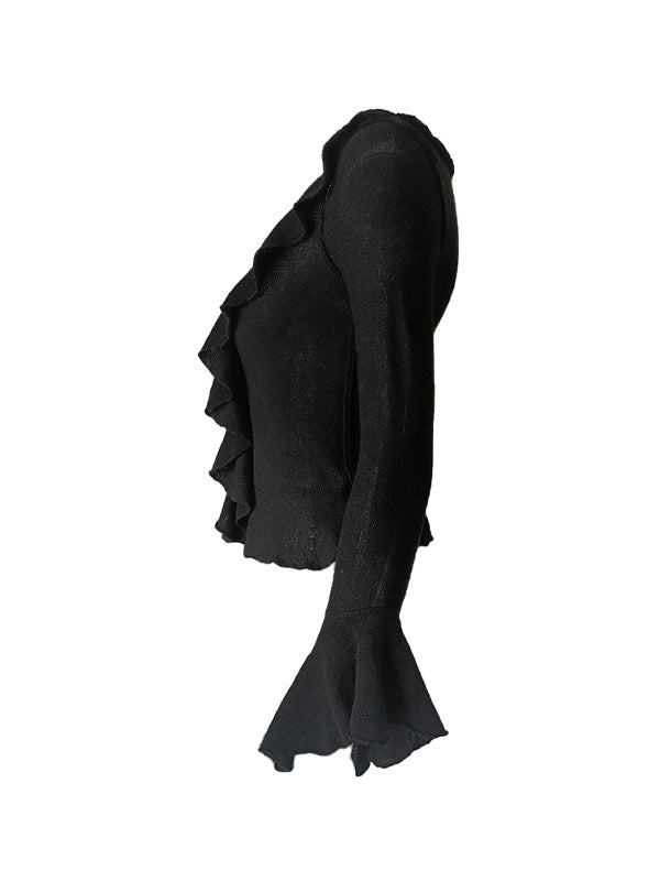 Solid color vintage V-neck ruffle long sleeve knit sweater