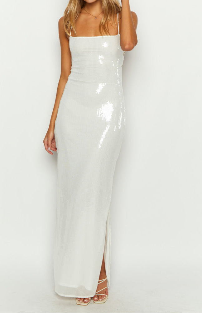 Italia White Maxi Slip with Sequins
