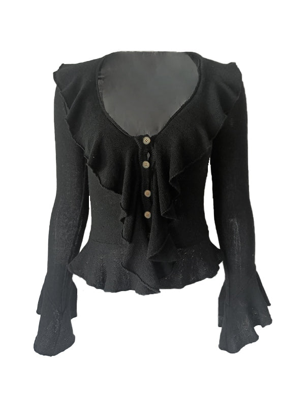 Solid color vintage V-neck ruffle long sleeve knit sweater