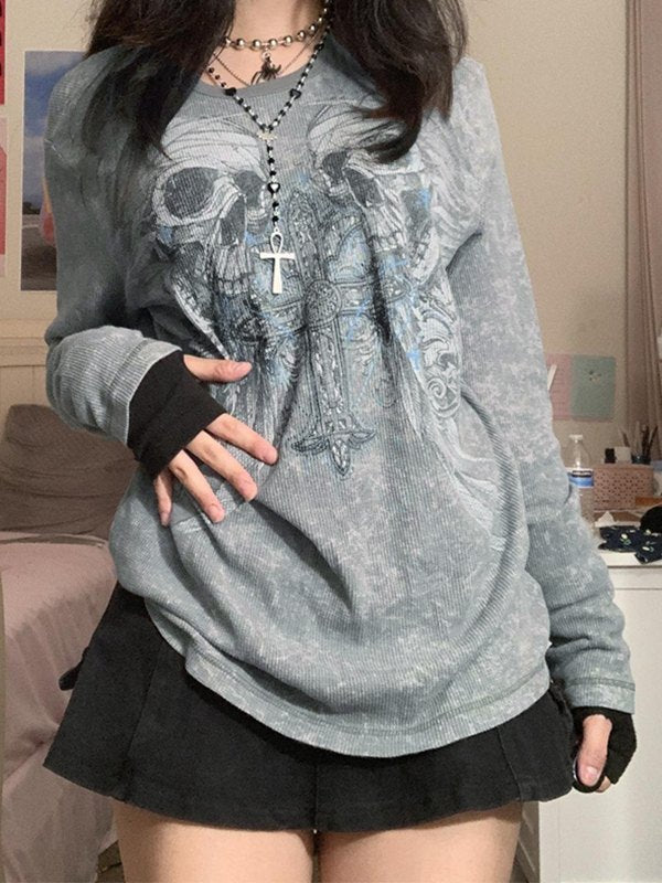 Grey vintage long-sleeved shirt with cross and skull print