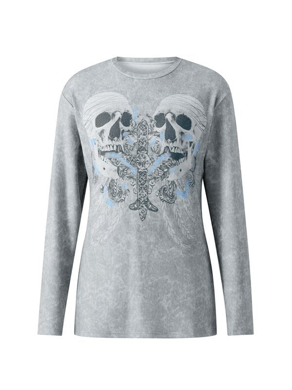 Grey vintage long-sleeved shirt with cross and skull print
