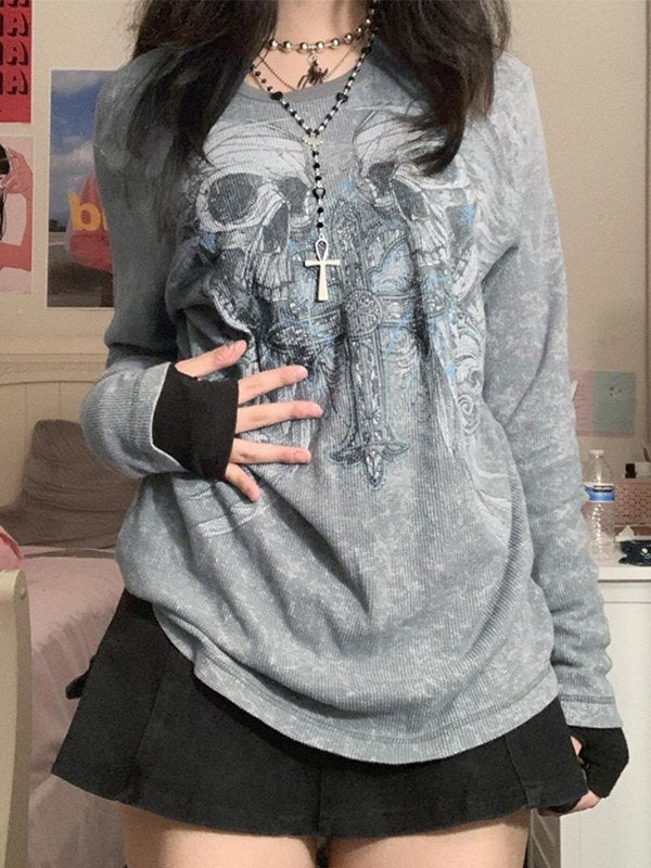 Grey vintage long-sleeved shirt with cross and skull print