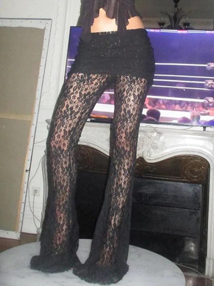 Black high rise flared trousers with lace insert