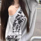 Grey Y2k Letter Print Off Shoulder Loose Sweatshirt