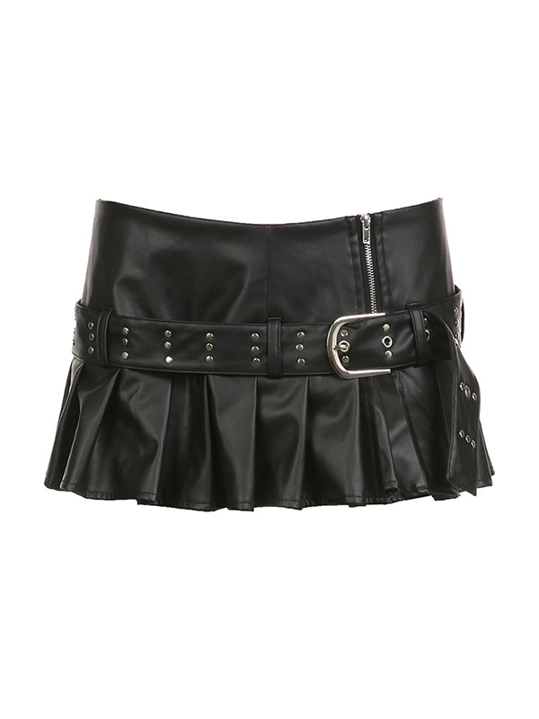 Punk Rivet Belt Pleated Slit Leather Mini Skirt