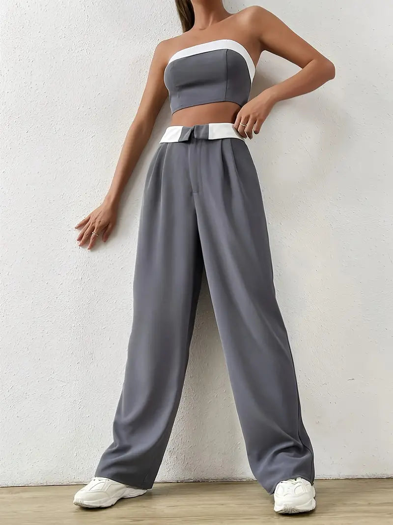 Contrast Color Vintage Off Shoulder Bandeau Top &amp; Pants Two Piece Set 