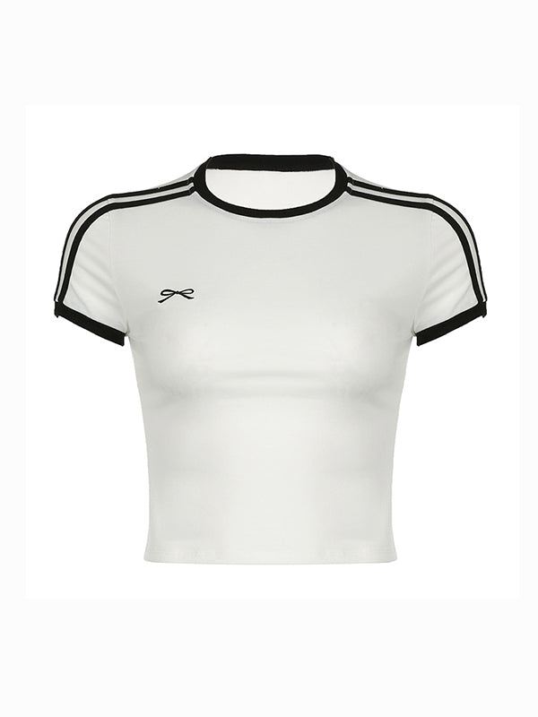 White Y2K Striped Embroidery Short Sleeve T-Shirt