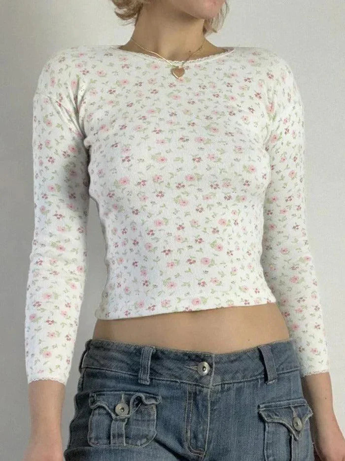 White Vintage Ditsy Floral Print Round Neck Long Sleeve Sweater 