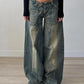 JY Punk Distressed Irregular Dividing Line Baggy Jeans/ Punk Ripped Asymmetric Dividing Line Baggy Jeans