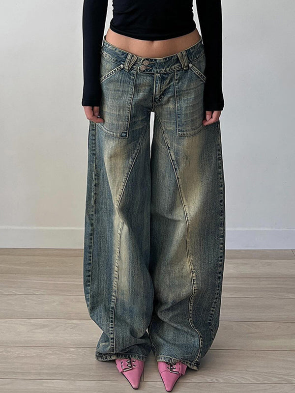 JY Punk Distressed Irregular Dividing Line Baggy Jeans/ Punk Ripped Asymmetric Dividing Line Baggy Jeans