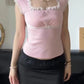 Pink Vintage Lace Trim Bow Square Neck Crop Top