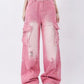 Pink Y2K Multi Pocket Ripped Cargo Jeans with Faded Effect