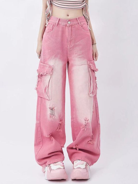 Pink Y2K Multi Pocket Ripped Cargo Jeans with Faded Effect