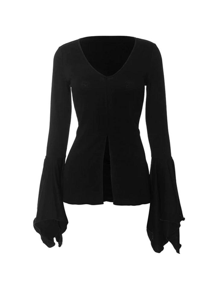 Black Vintage V Neck Slit Trumpet Long Sleeve Blouse