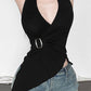 Black Asymmetrical Backless Halter Top with V-Neck