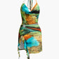 Abstract print halter neck shawl collar mini dress with slit and lacing