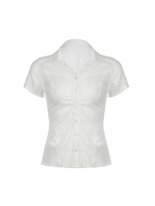 White Vintage Collar Short Sleeve Slim Fit Shirt