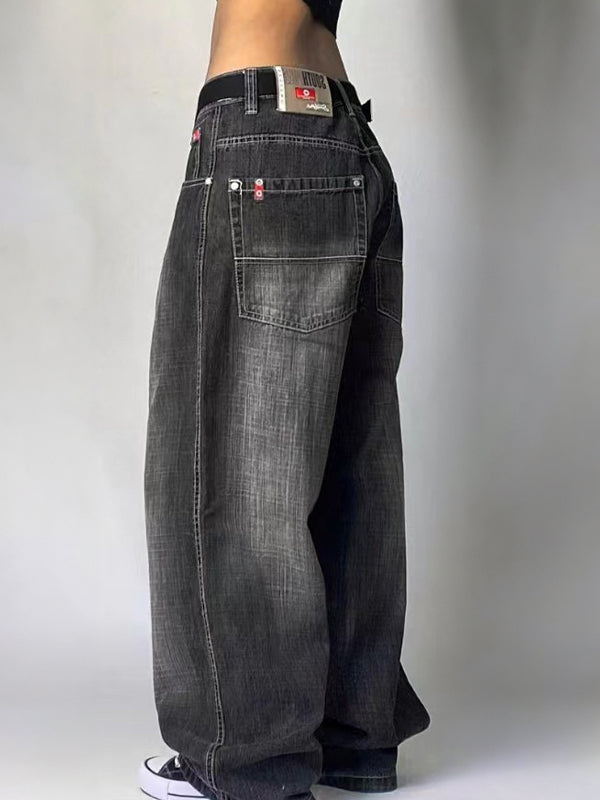 Black American Retro Distressed Washed Boyfriend Jeans 