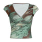 Vintage Oil Painting Print Short Sleeve Deep V-Neck T-Shirt