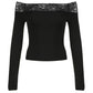 Vintage Black Off Shoulder Long Sleeve Top with Lace Insert