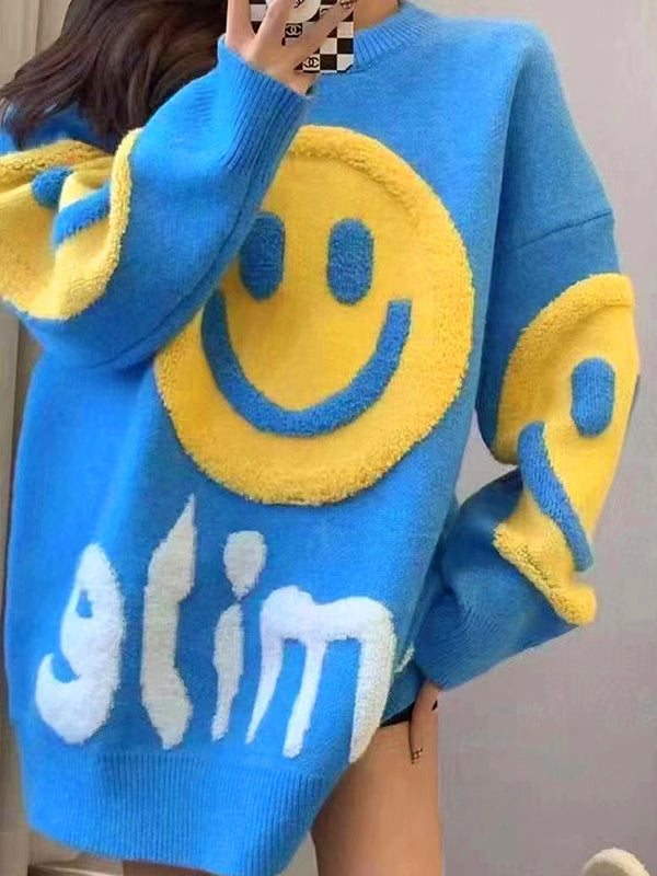 Y2K Smile Print Thick Loose Sweatshirt 