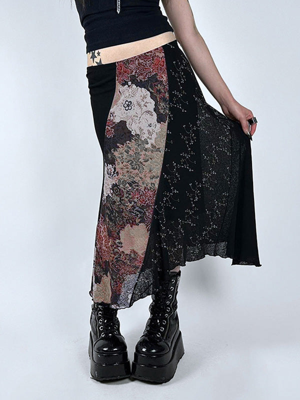 Irregular Vintage Splice Midi Skirt with Random Print