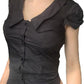 Black Vintage Buttoned Pleated Short Sleeve Shirt