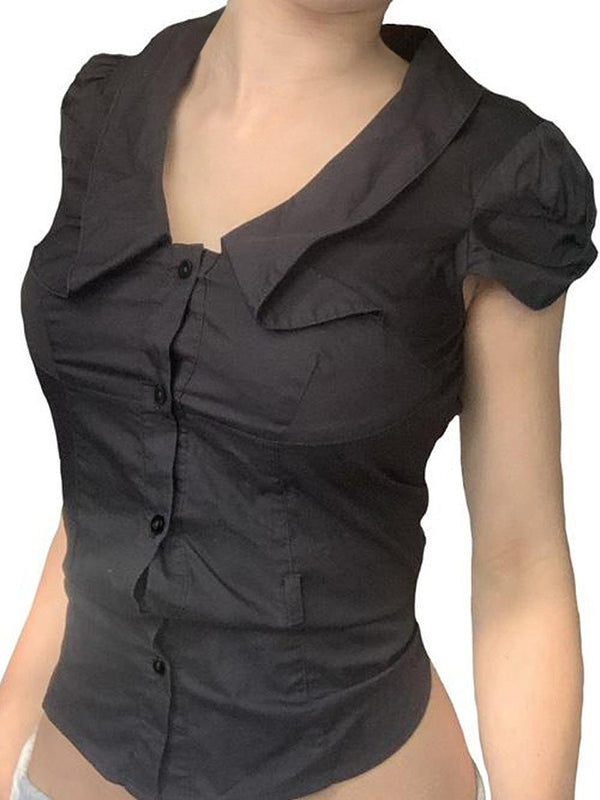 Black Vintage Buttoned Pleated Short Sleeve Shirt