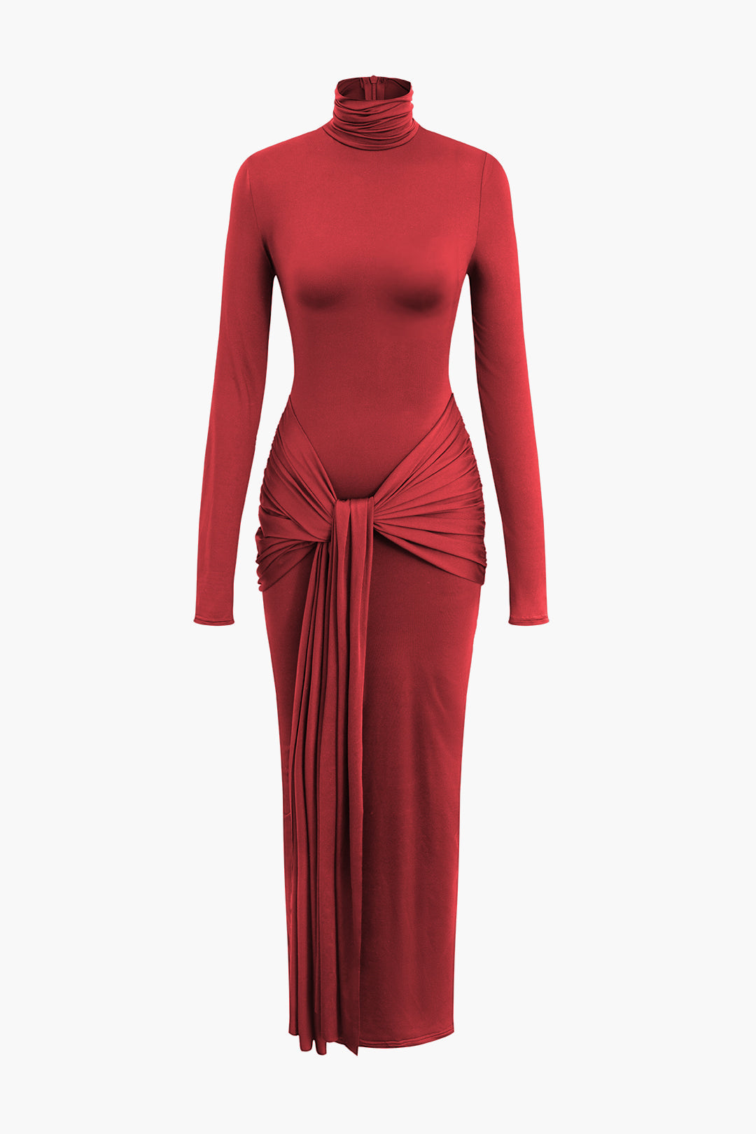 JY Solid Color Vintage Wrap Ruched High Neck Long Sleeve Maxi Dress / Solid Color Vintage Wrap Ruched High Neck Long Sleeve Maxi Dress