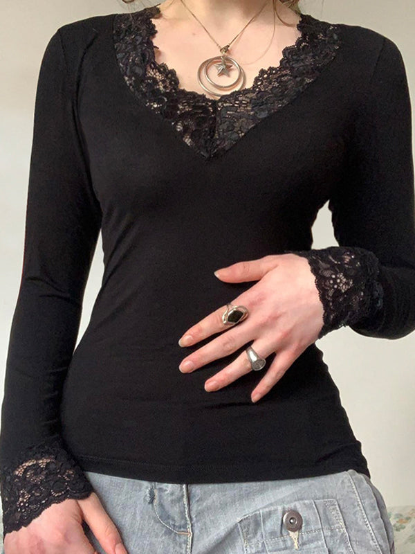 Classic black long sleeve shirt with V neck and lace embroidery