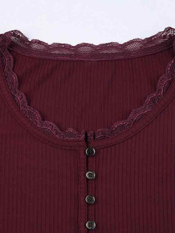 Y2K Red Knit Top with Lace Trim and Long Sleeves 