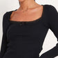 Black Classic Lace Trim Long Sleeve Knit Top with Scoop Neck