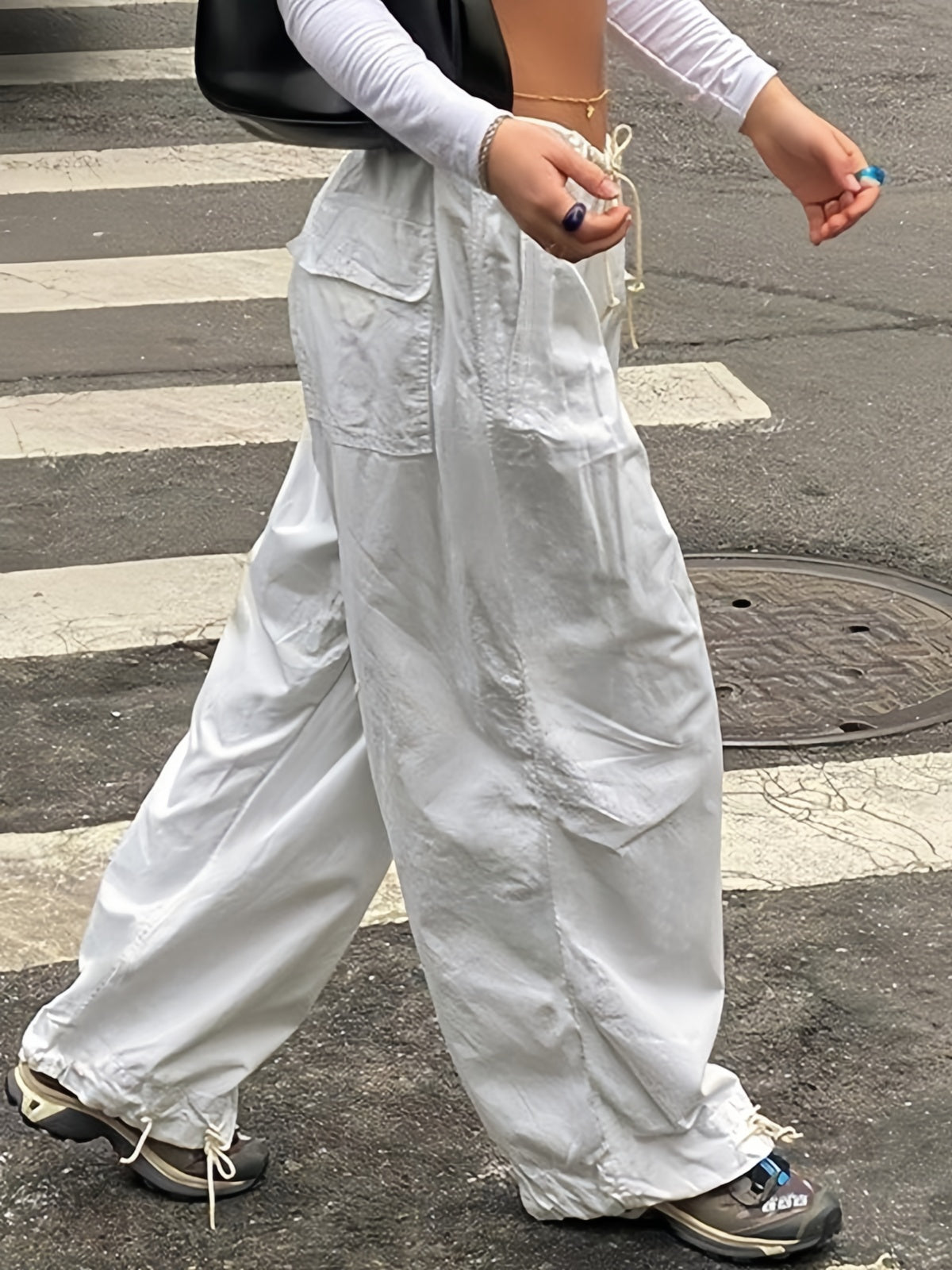 White Low Waist Parachute Cargo Pants