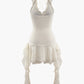 Beige halter neck ruffle mini dress