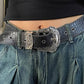 Black vintage buckle belt with engraved crocodile pattern