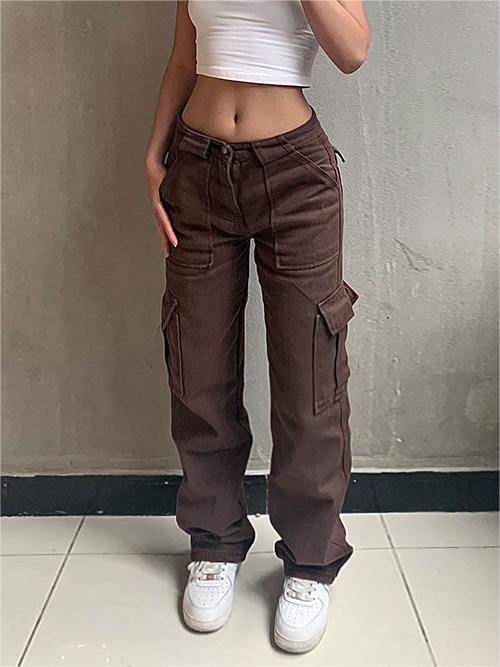 Brown baggy cargo jeans with a vintage wash