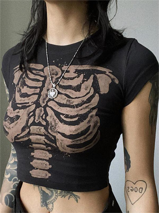 Black printed vintage crop top with skeleton motif