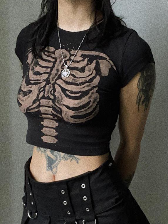 Black printed vintage crop top with skeleton motif