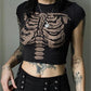 Black printed vintage crop top with skeleton motif