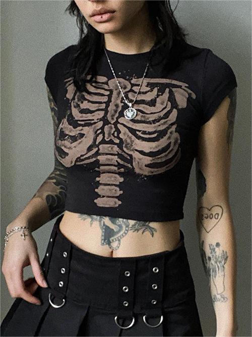 Black printed vintage crop top with skeleton motif