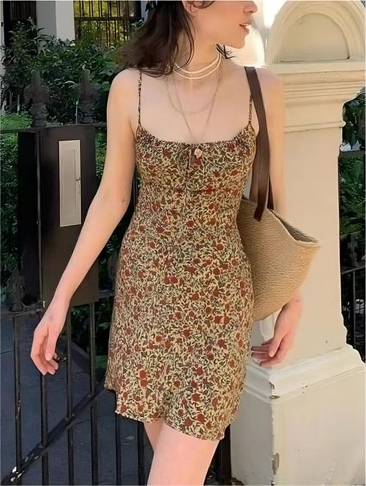 Slip mini dress with lace and floral print