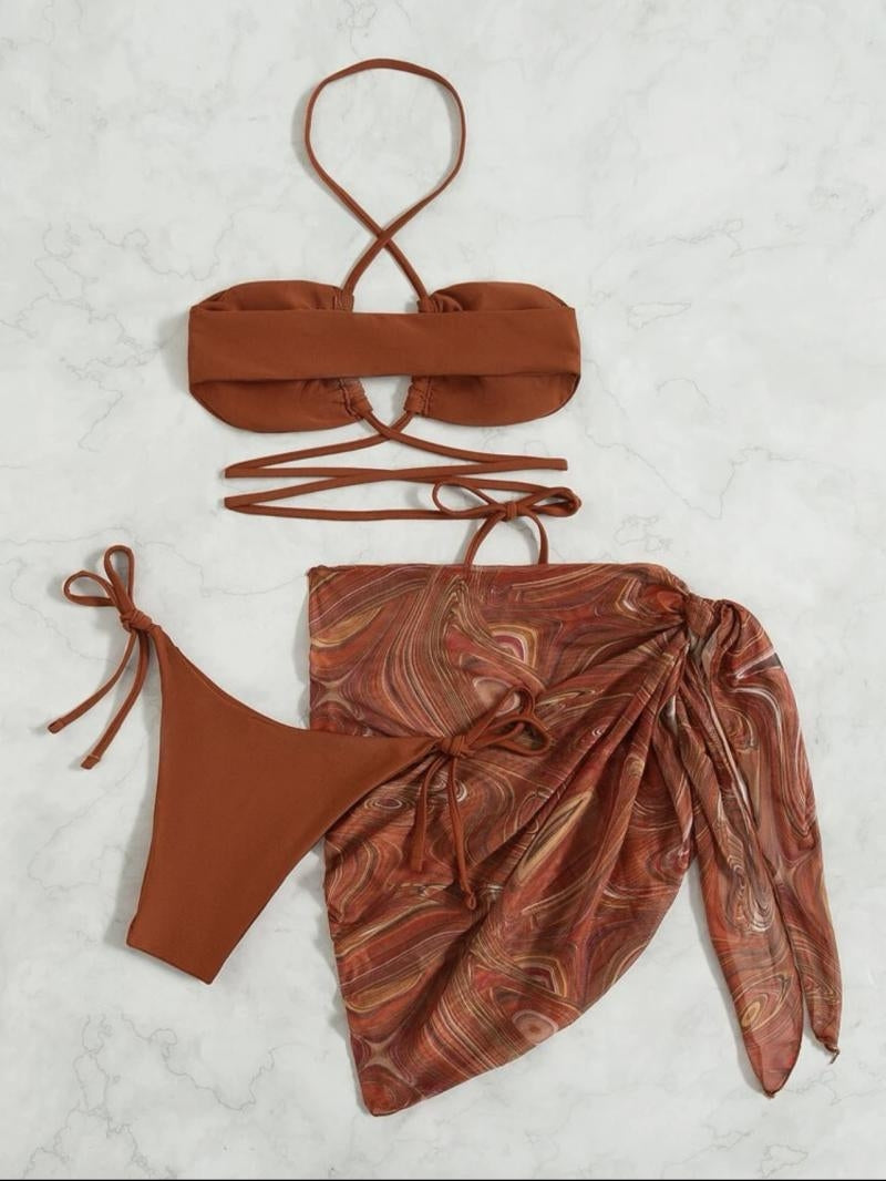 Crossed three-piece bikini swimsuit with lace