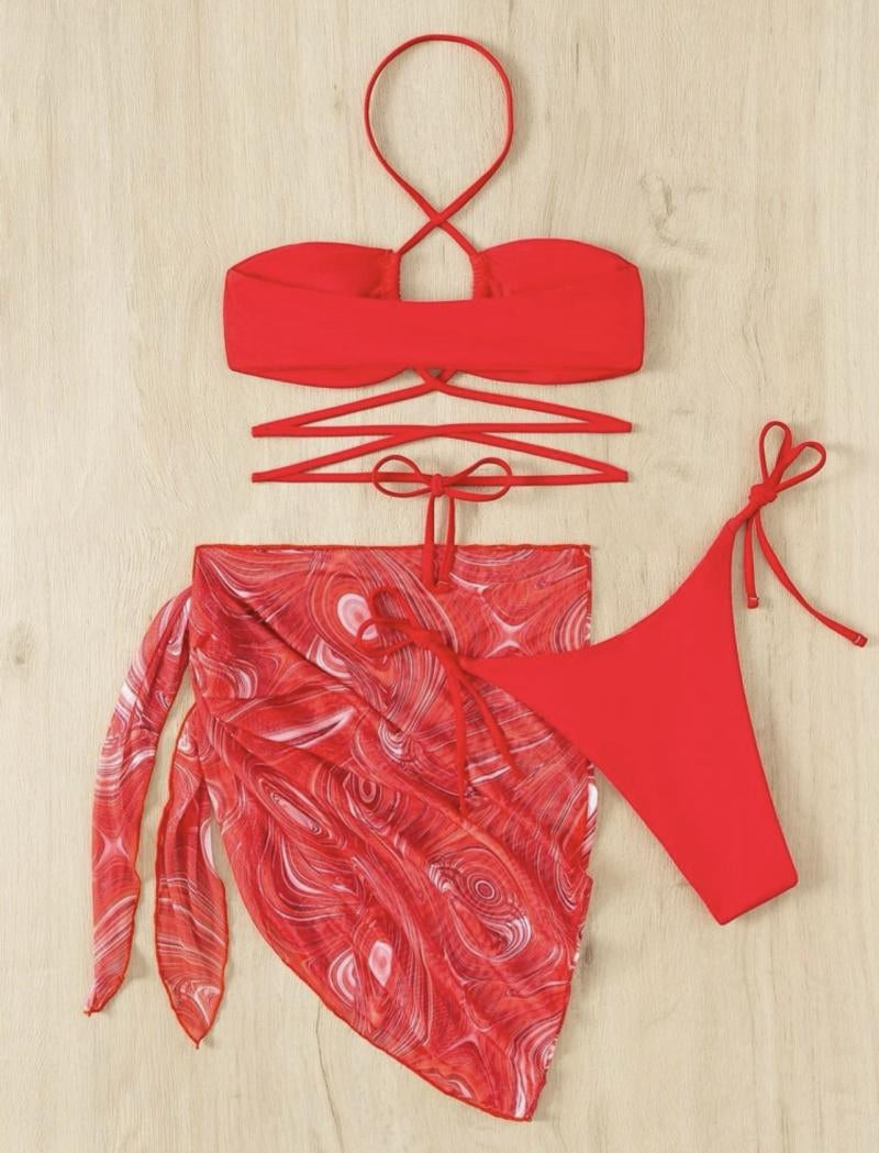 Crossed three-piece bikini swimsuit with lace