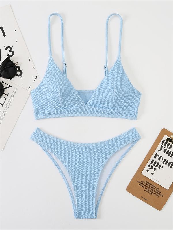 Plain smocked V-neck bikini set