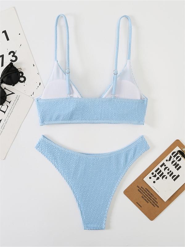 Plain smocked V-neck bikini set